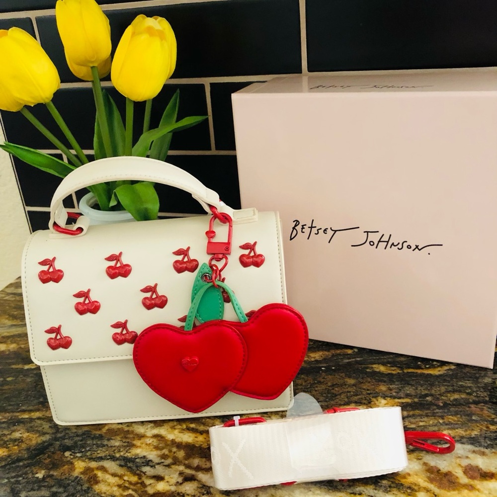 Authentic Betsey Johnson Purse, Cherries, Hang Charm, Cross Body Strap, Gift NIB